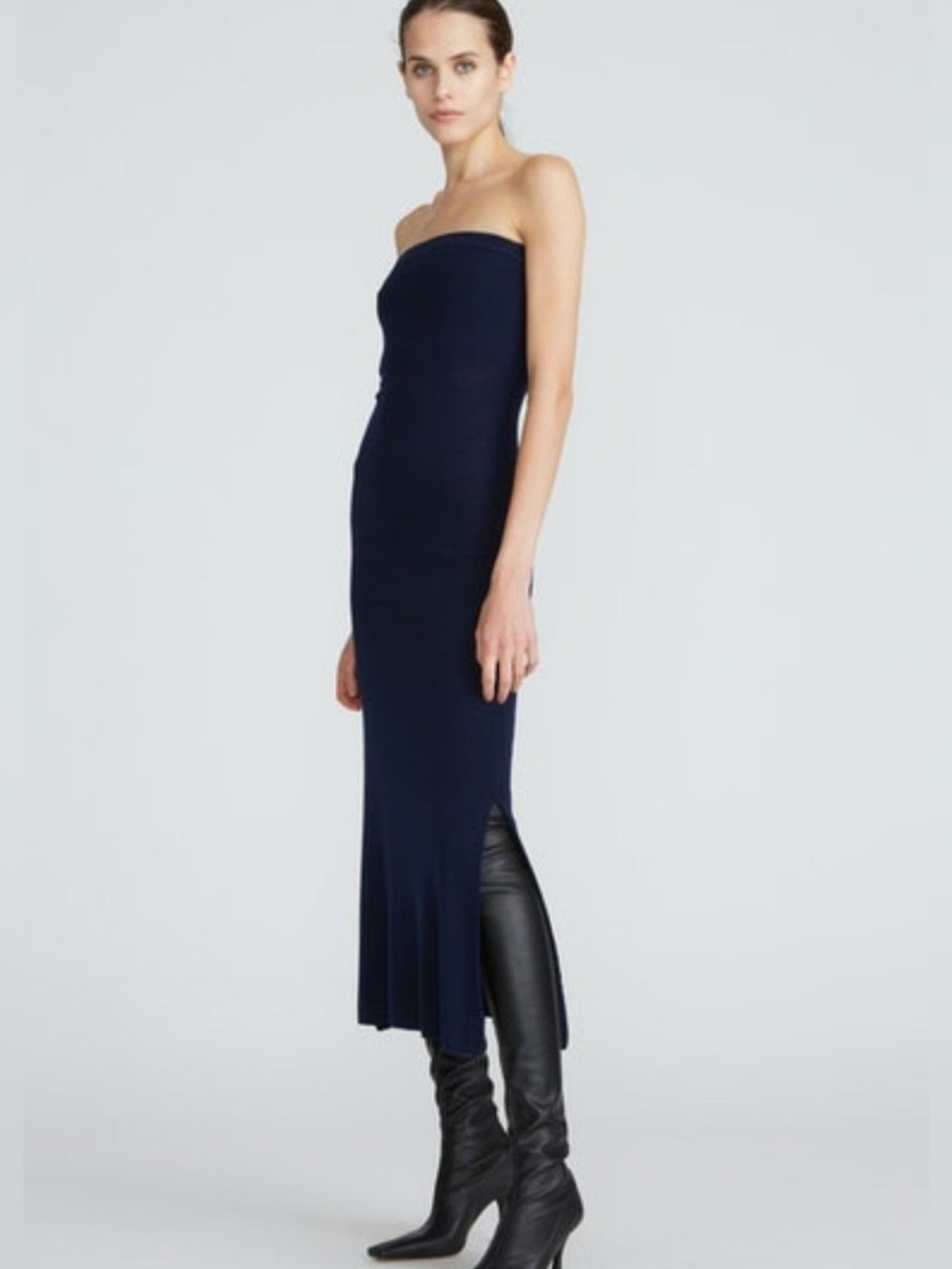 Halston Heritage Strapless Navy Column Dress with Side Slit